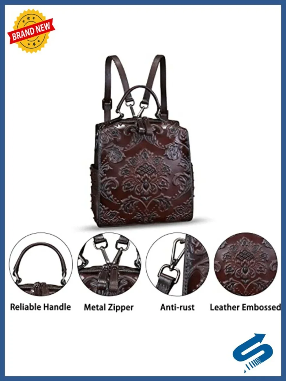 Genuine Leather Embossed Backpack Convertible Shoulder Bag Satchel Purse